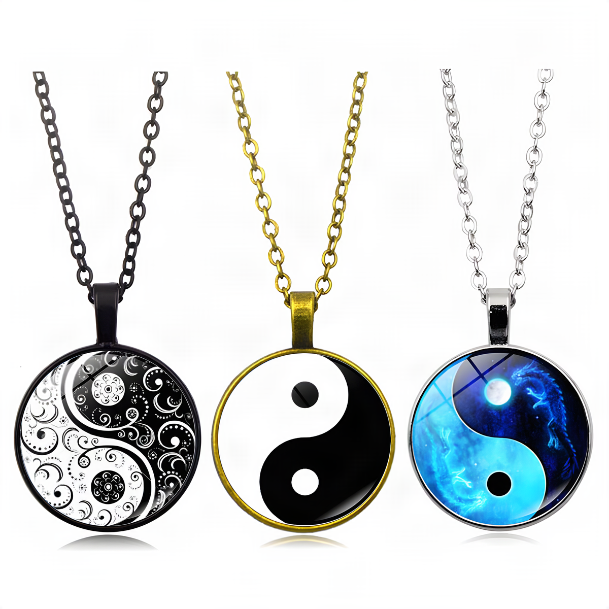 Yin Yang Pendant Necklace with Domed Cover and Alloy Frame