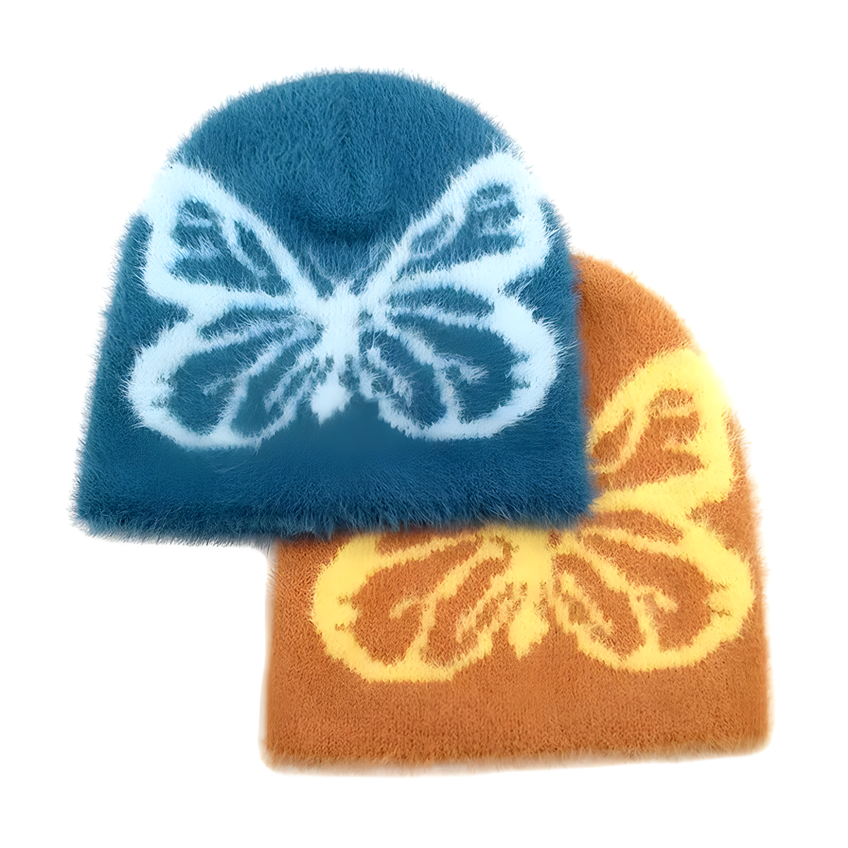 Fuzzy Butterfly Knit Beanie with Contrast Motif in Seven Colors