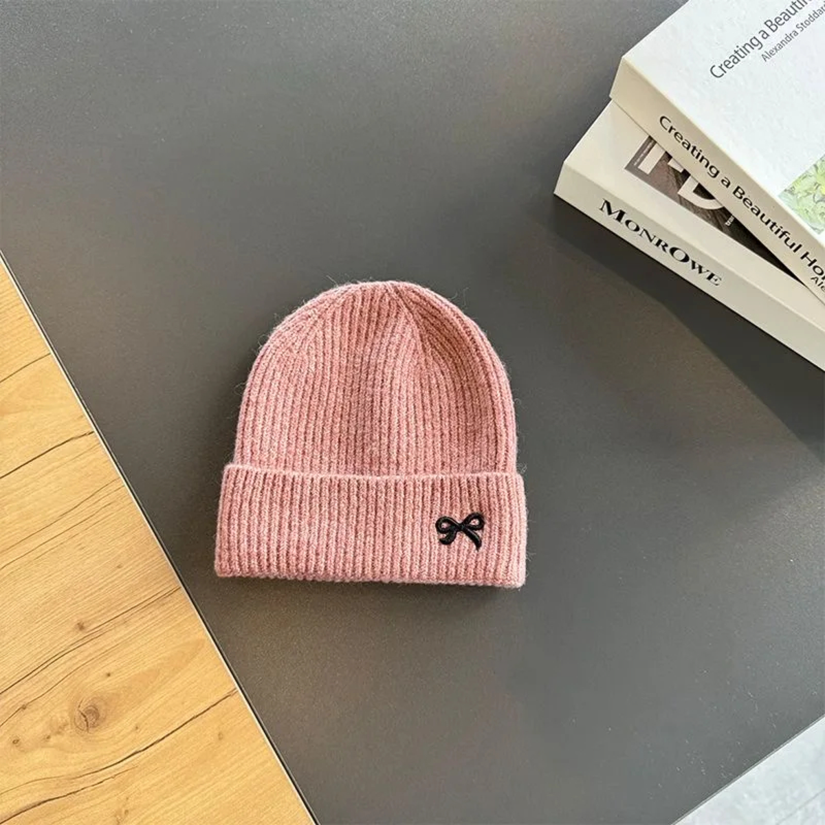 Ribbed Knit Beanie with Embroidered Bow and Folded Cuff