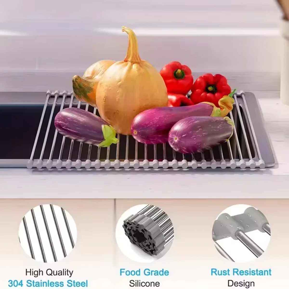 Roll-Up Over-Sink Dish Drying Rack, 47cm Stainless Steel