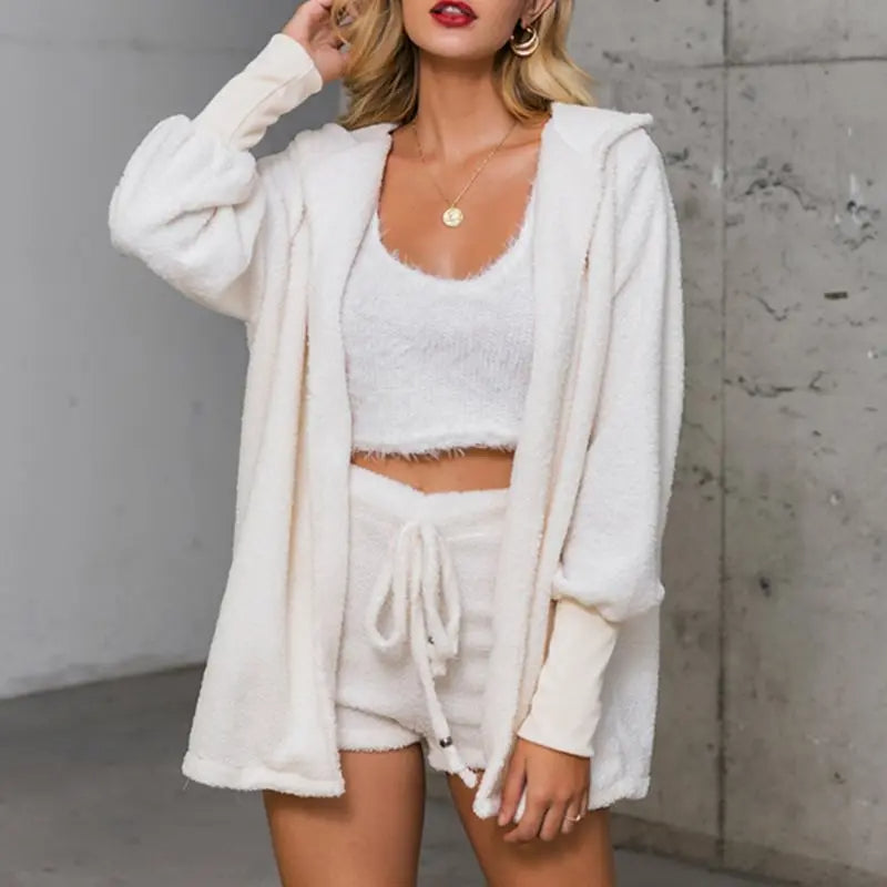 Women's Three-Piece Knit Pajama Set with Crop Top and Shorts