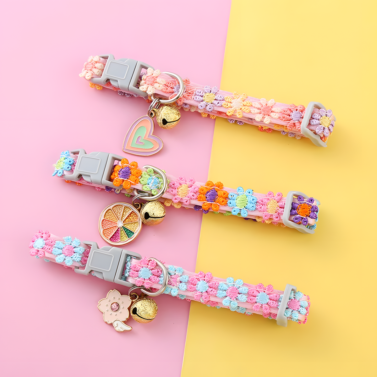 Colorful Floral Cat Collar, Adjustable Buckle, Bell & Charm