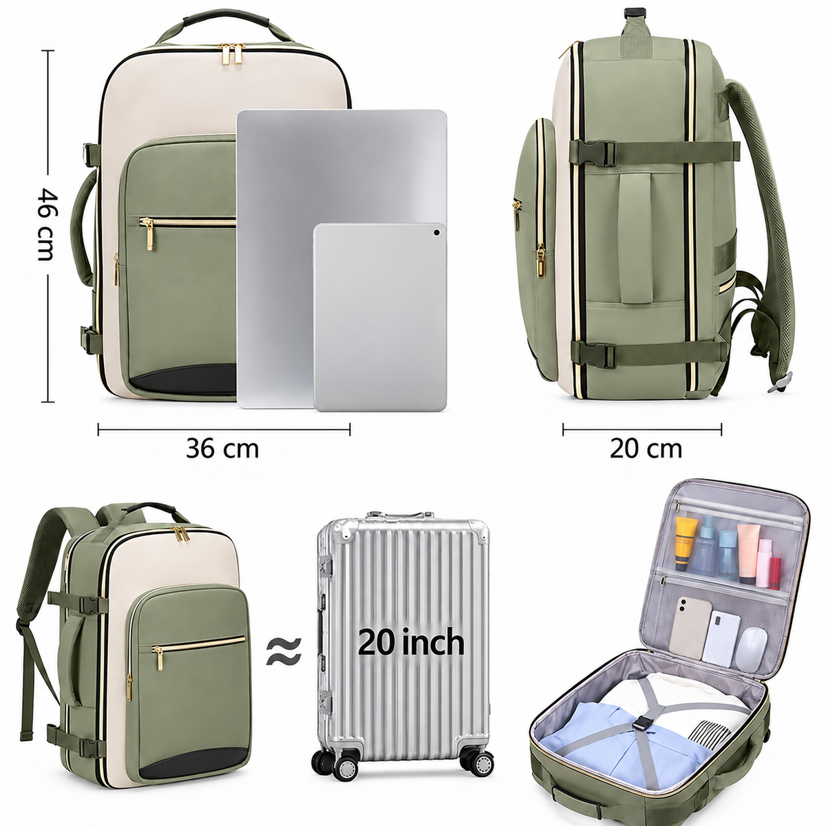 Large Travel Backpack Set, Clamshell Opening and 3 Pouches