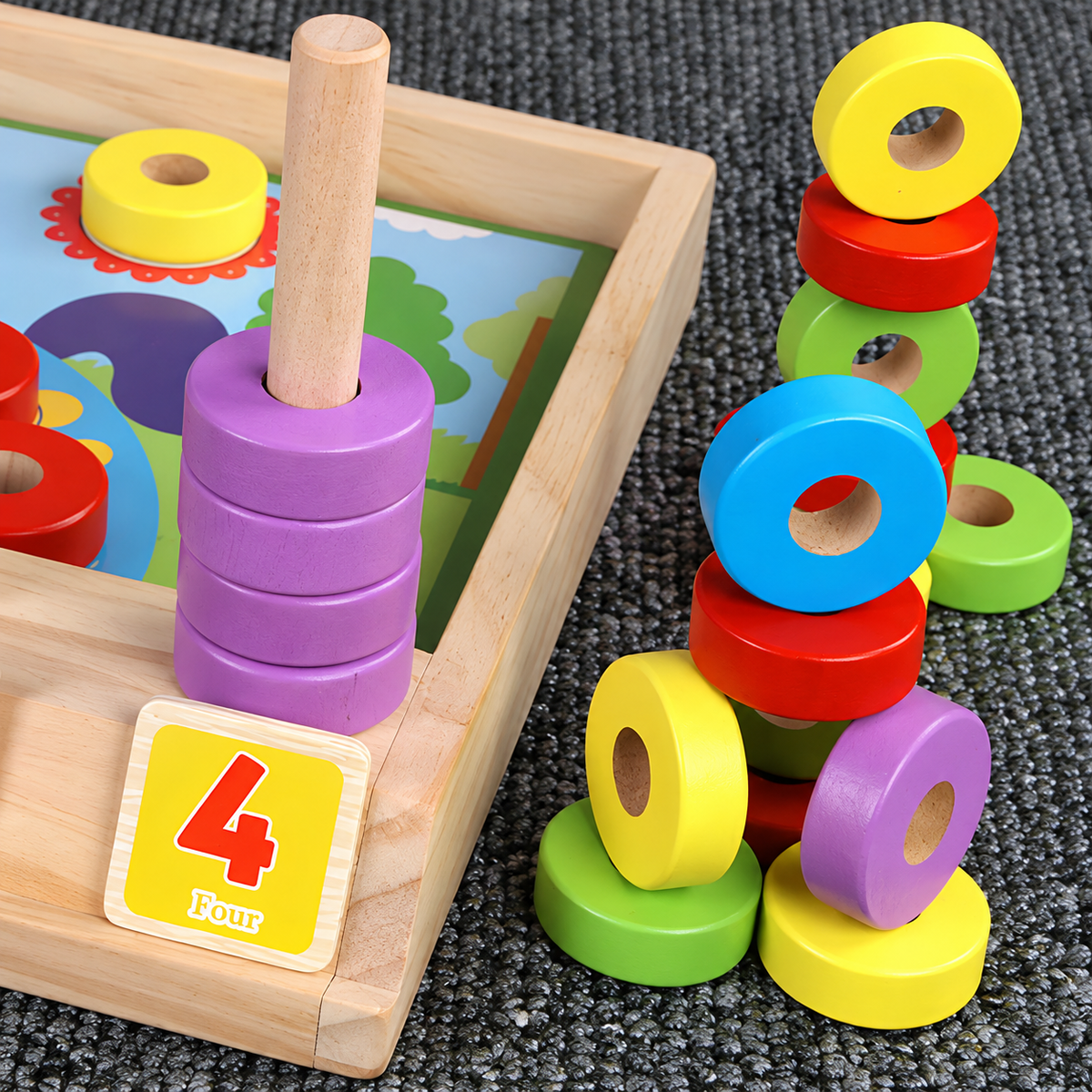 Wooden Arithmetic Learning Box with Counting Rings and Number Tiles