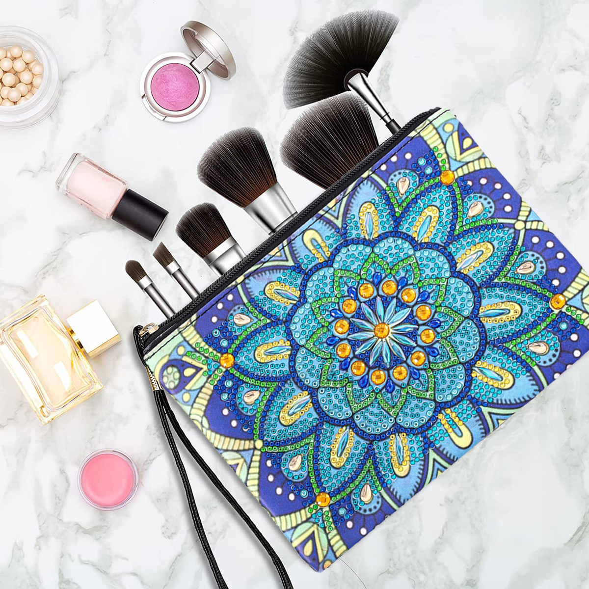 Floral Diamond Painting Makeup Bag Kit, Zippered Wristlet