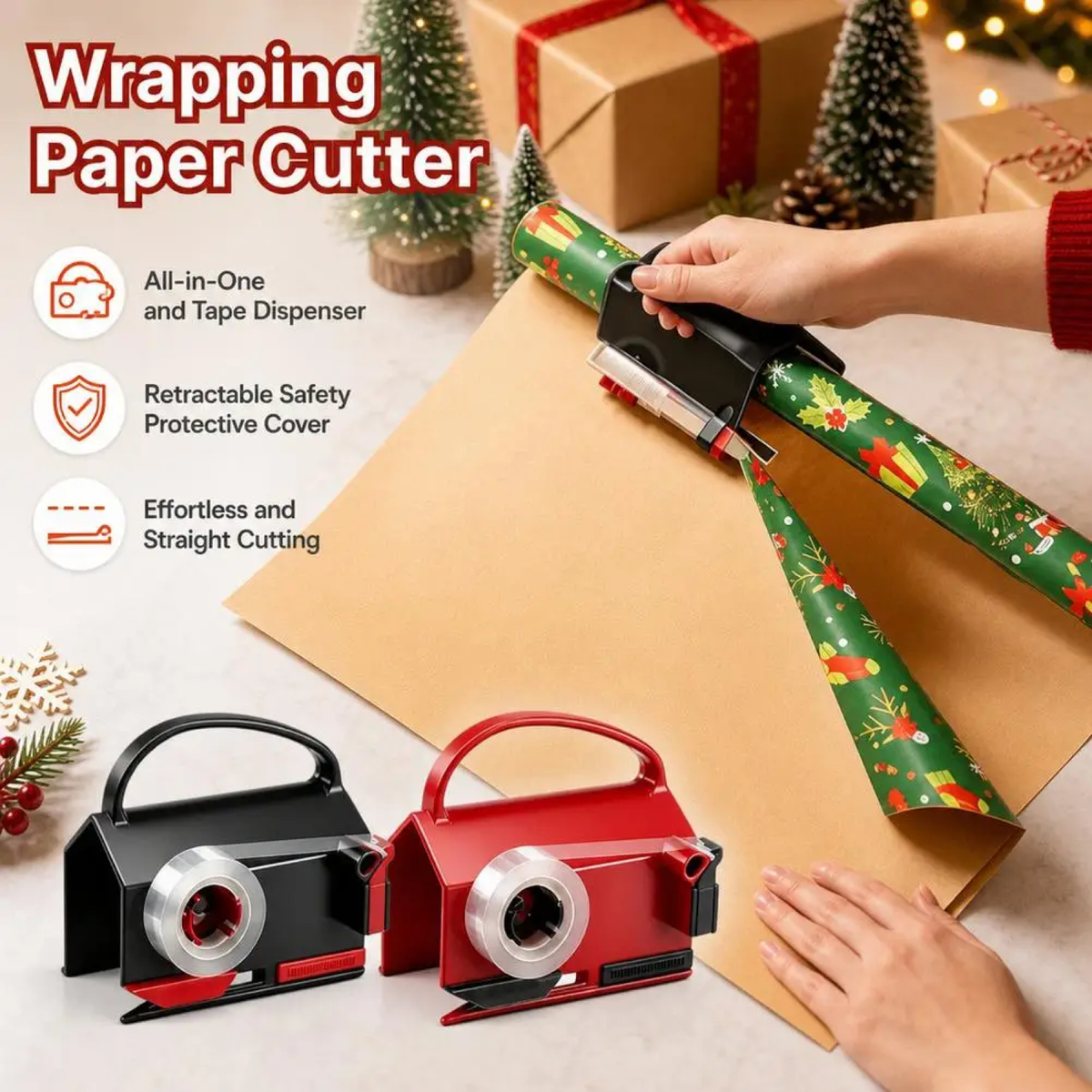 Handheld Wrapping Paper Cutter with Tape Dispenser