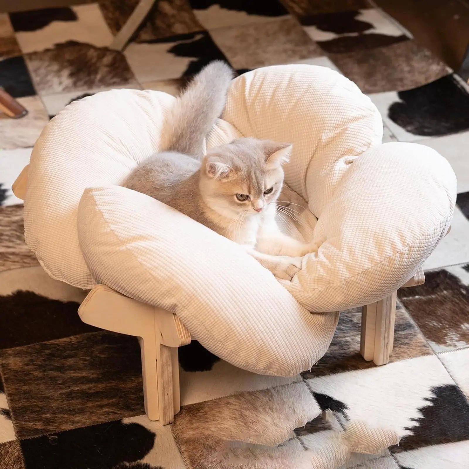 Wooden Frame Cat Bed Flower Cushion Raised Indoor Lounge 22in