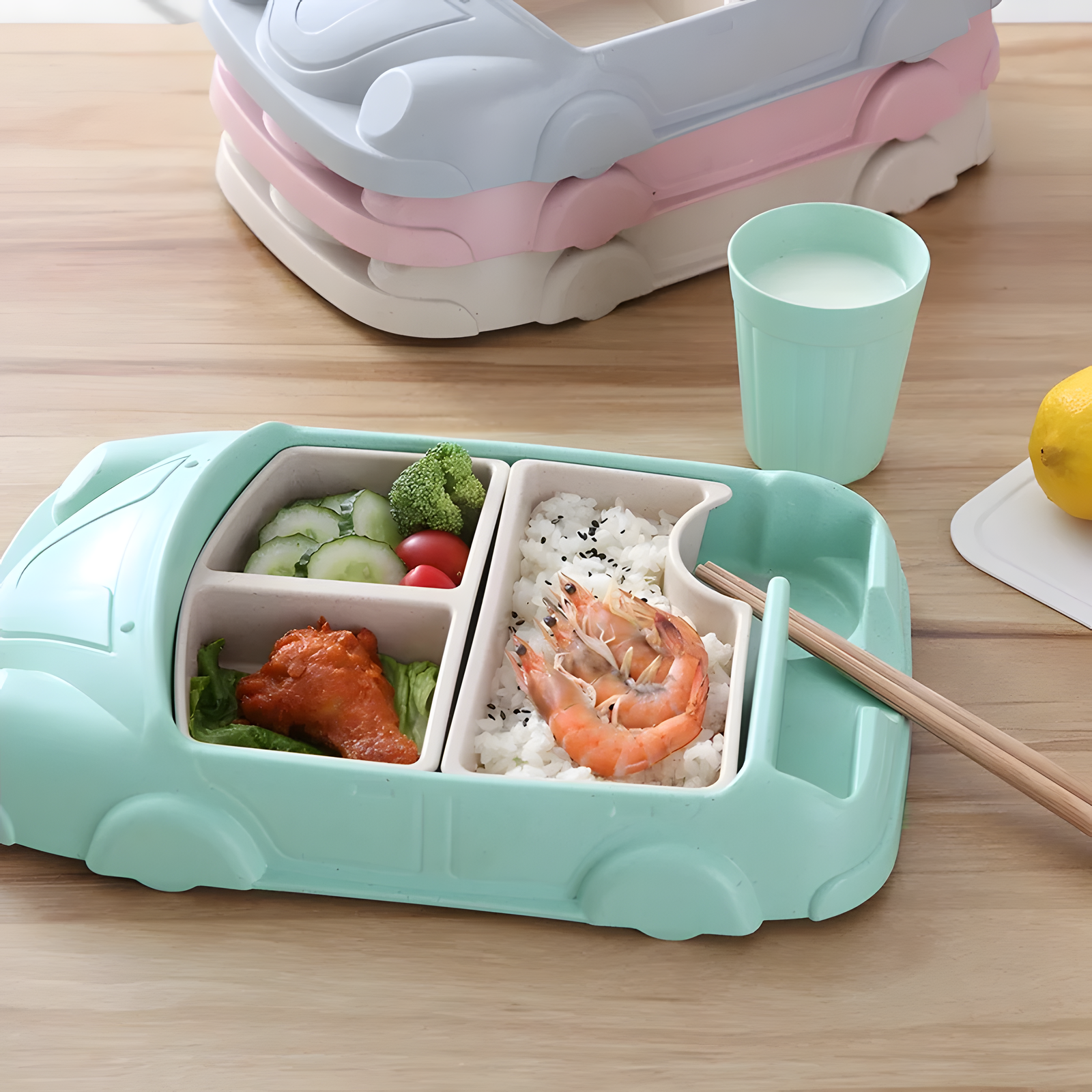 Kids Divided Meal Plate with Cup Car Shape Pink Green Blue