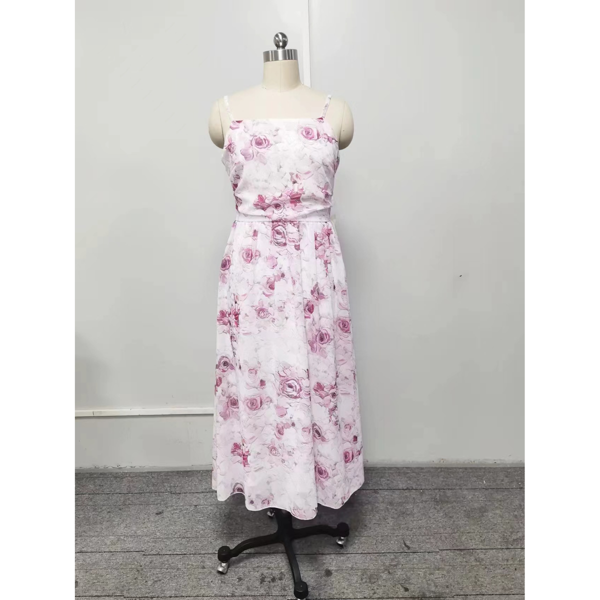 Floral Chiffon Midi Dress with Thin Straps for Evening Events