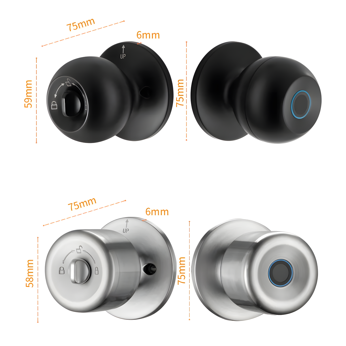 Fingerprint Smart Door Knob with Key Backup, 35-55 mm Doors