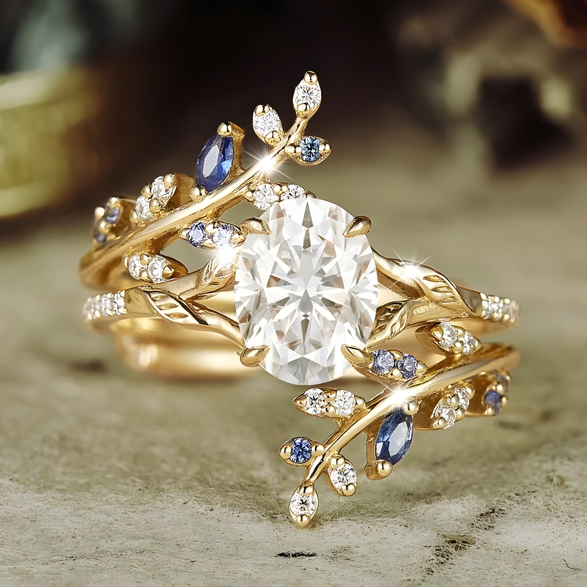 Leaf-Vine Stacking Ring Set with Oval Decorative Stone