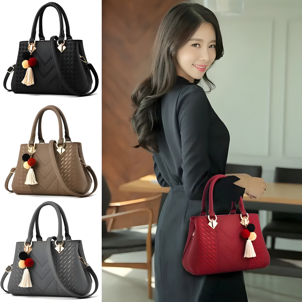 Textured PU Top-Handle Handbag with Shoulder Strap