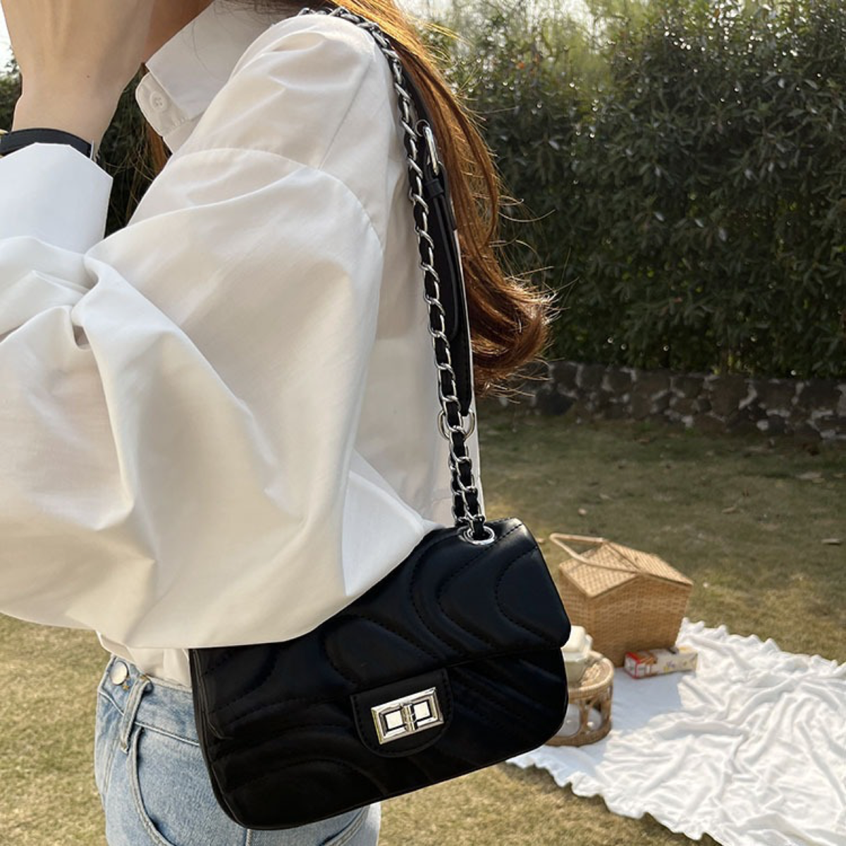 Wave-Quilted Shoulder Bag with Chain Strap and Turn-Lock Flap