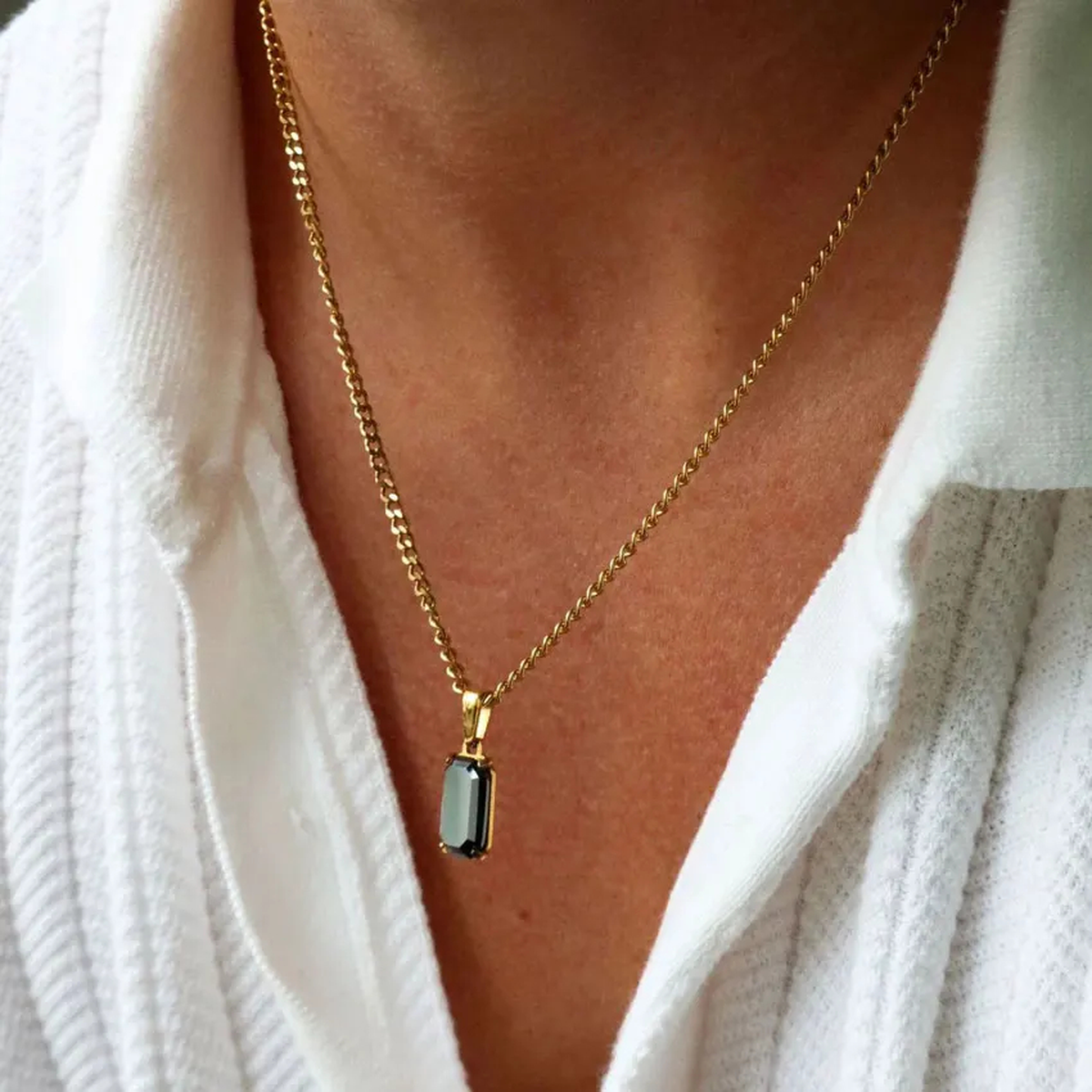 Rectangular Stone-Look Pendant Necklace with Fine Chain