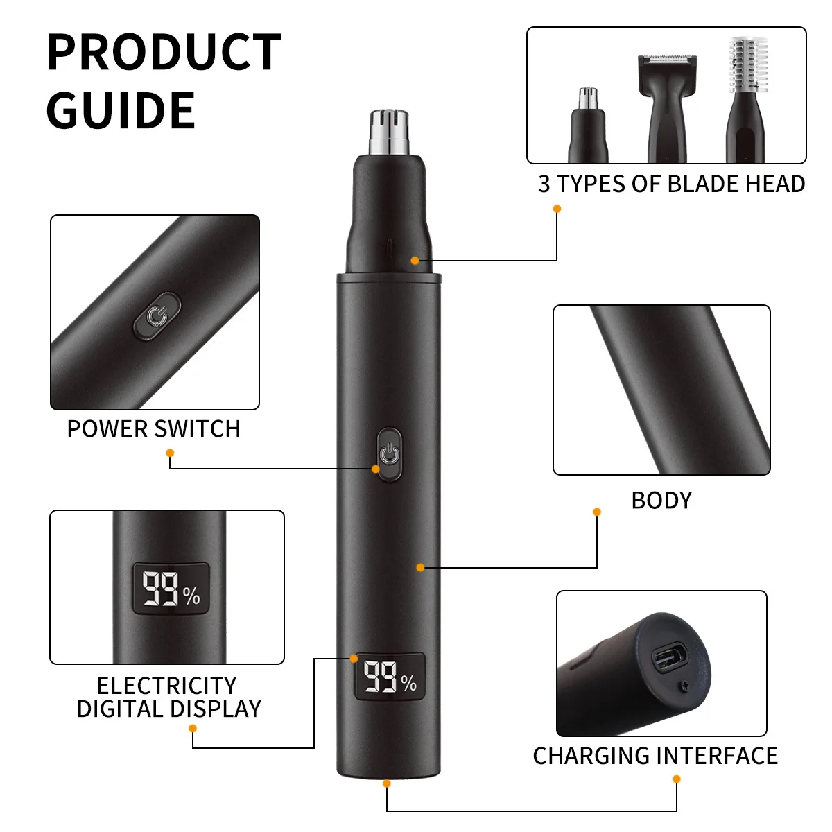 3-in-1 Rechargeable Nose Ear Eyebrow Trimmer USB-C Men