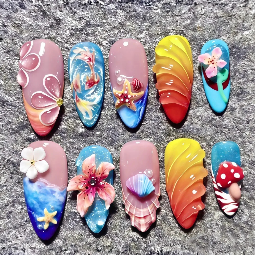 3D Ocean Press-On Nails Almond Glossy Koi & Coral Set