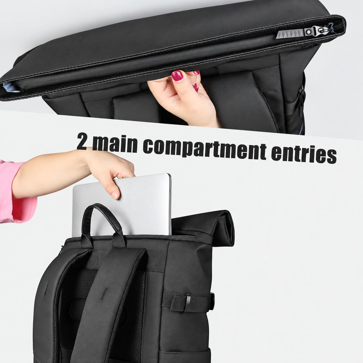 Roll-Top Travel Backpack, Oxford Fabric and Organizer Pockets
