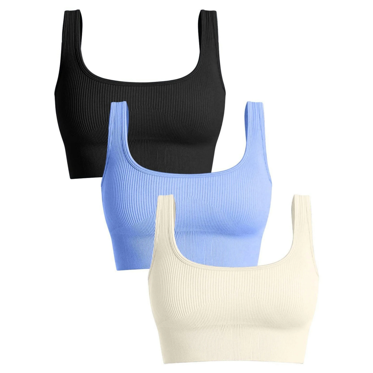 Women's Ribbed Yoga Sports Bra with Wide Straps and Scoop Neck