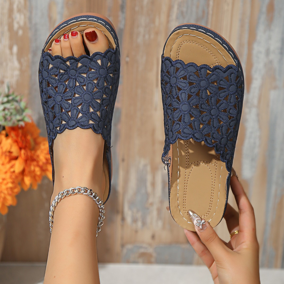 Floral Cutout Slide Sandals