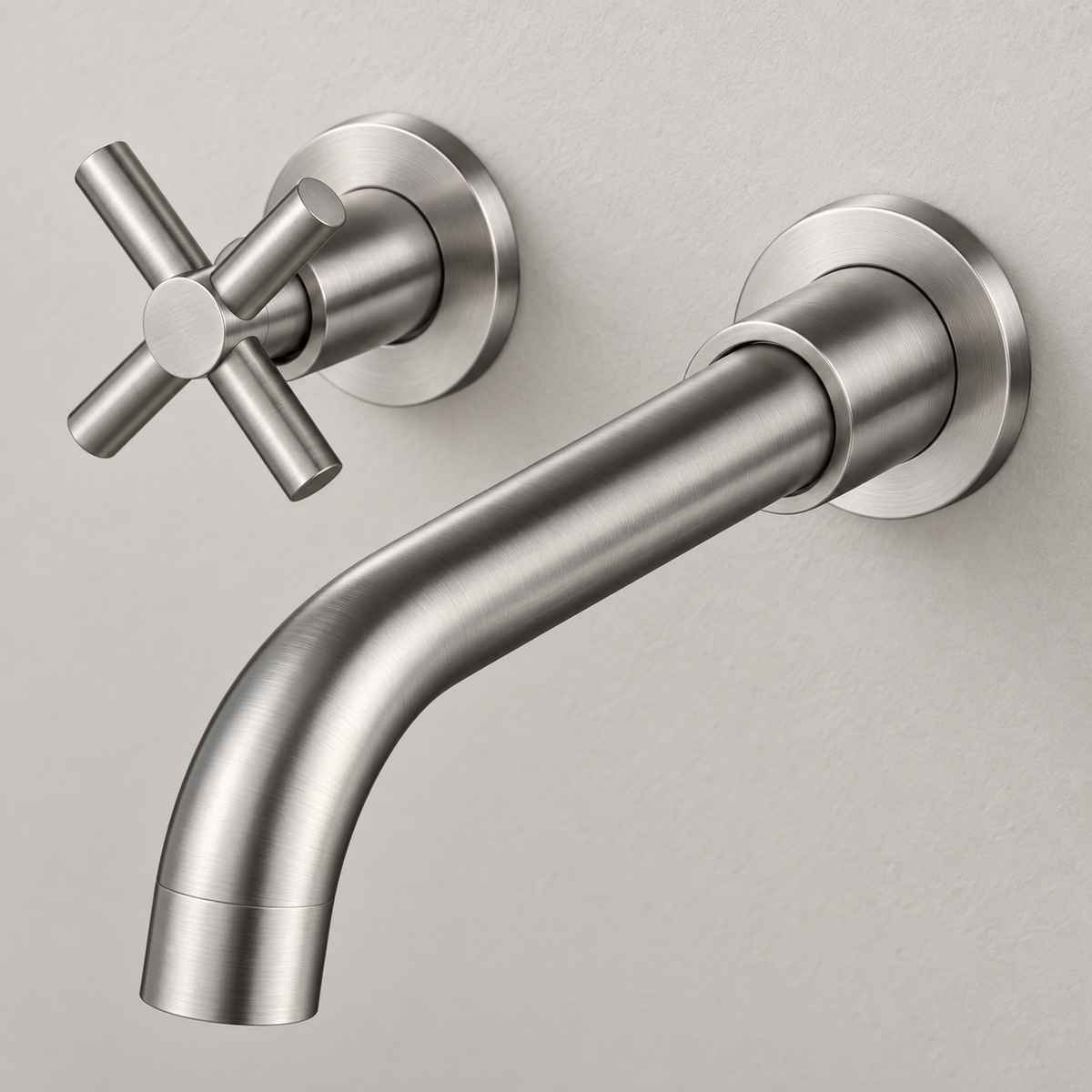 Brushed Silver Wall-Mounted Faucet with Two Cross Handles