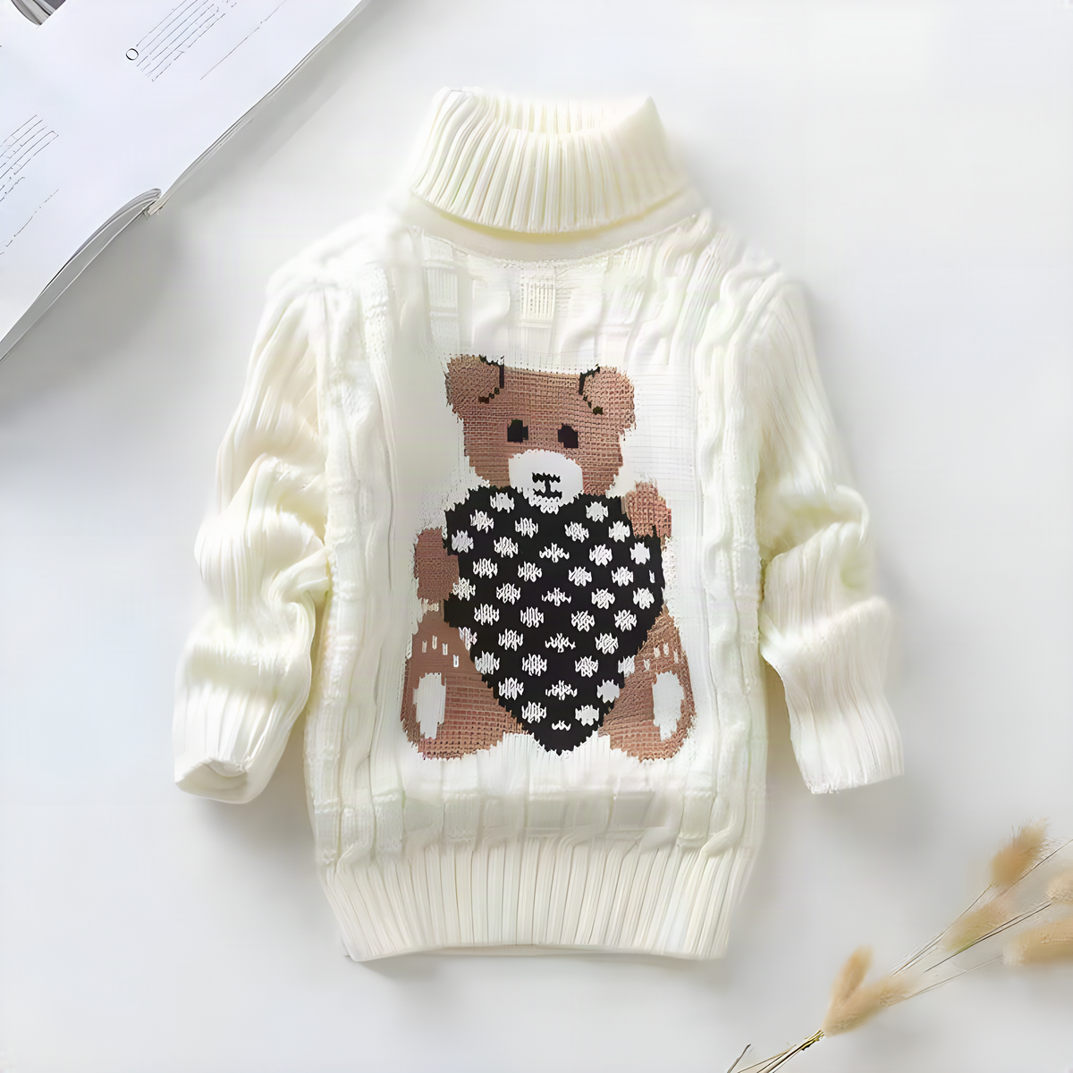 Kids Bear-Detail Ribbed Turtleneck Sweater in Seven Colors