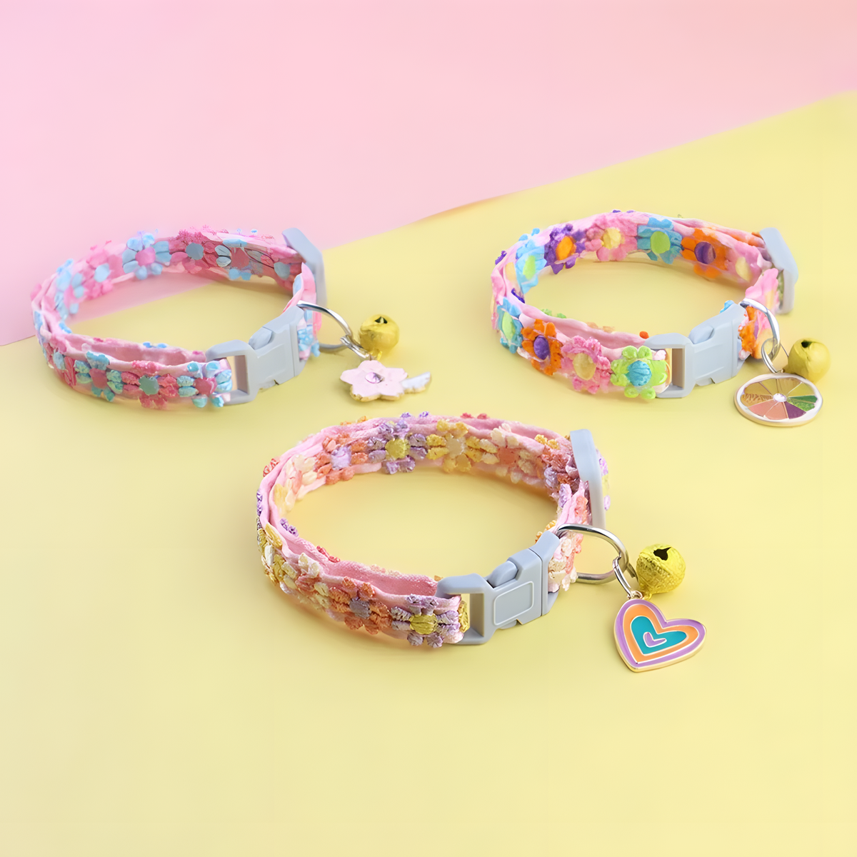 Colorful Floral Cat Collar, Adjustable Buckle, Bell & Charm