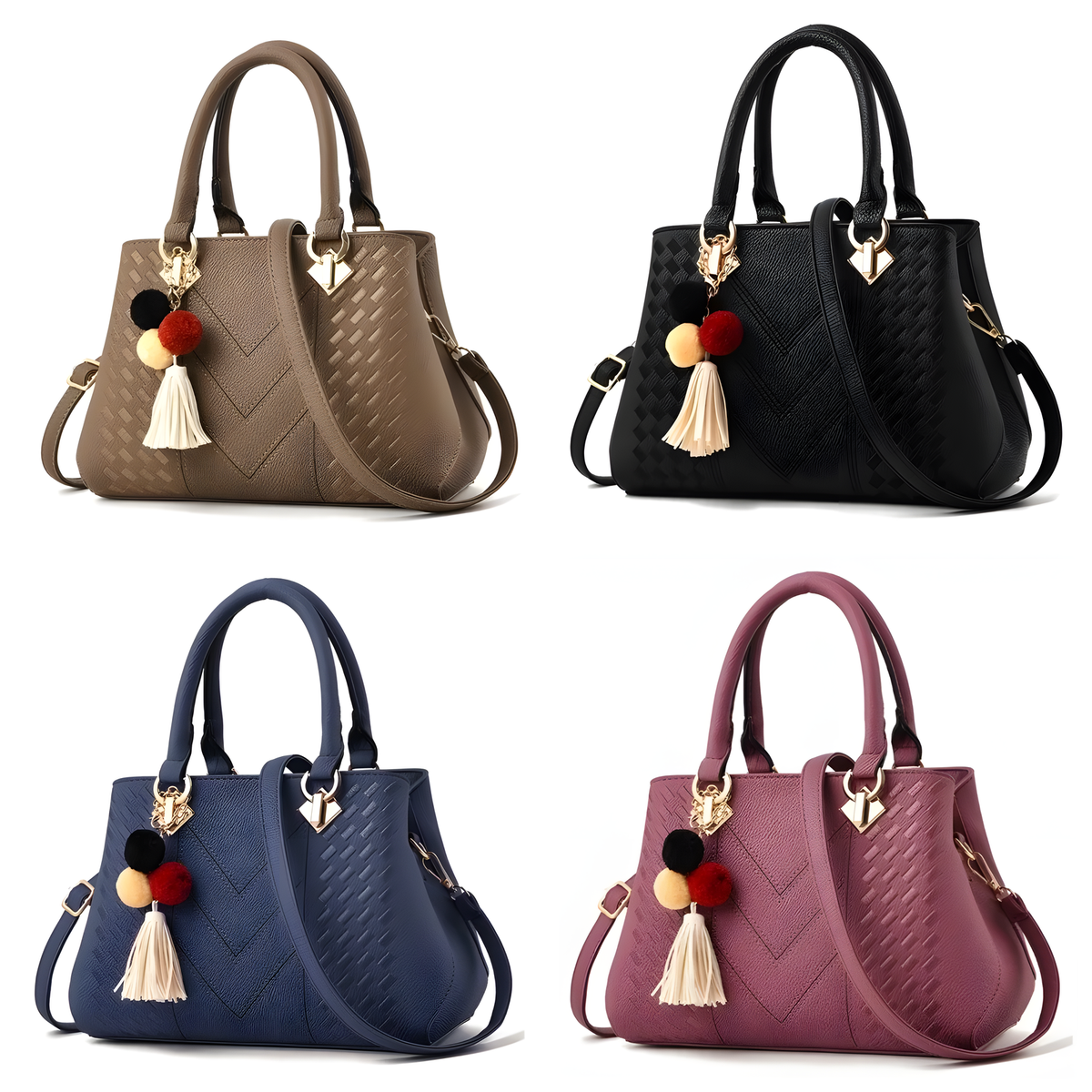 Textured PU Top-Handle Handbag with Shoulder Strap