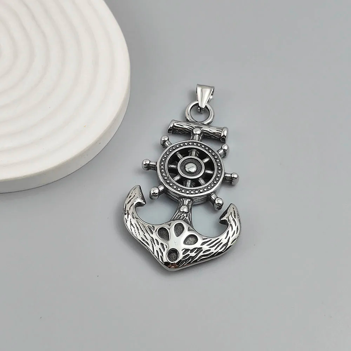 Silver-Tone Anchor Pendant, Nautical Ship Wheel Detailing