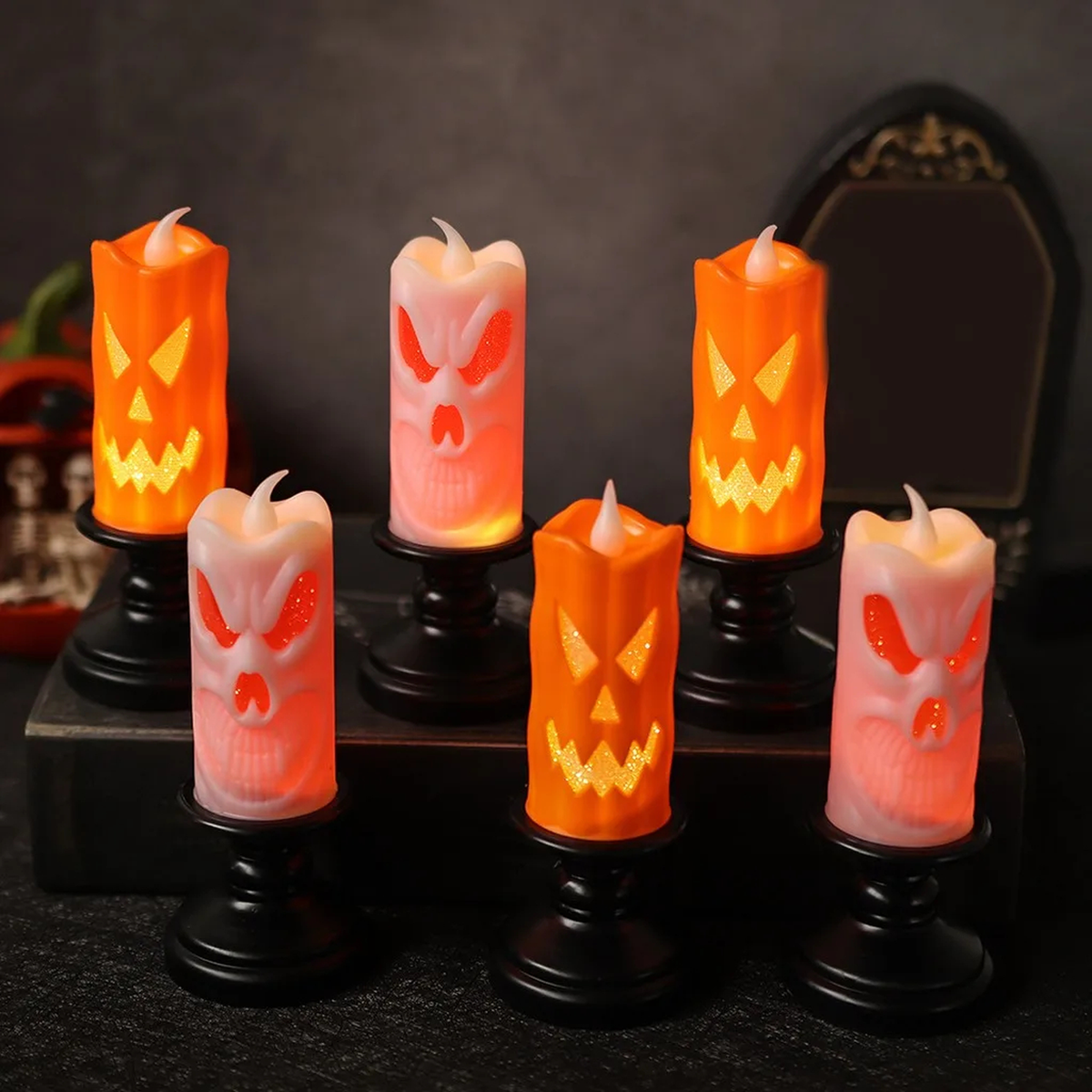 Orange Halloween LED Candlestick with Jack-o'-Lantern Face