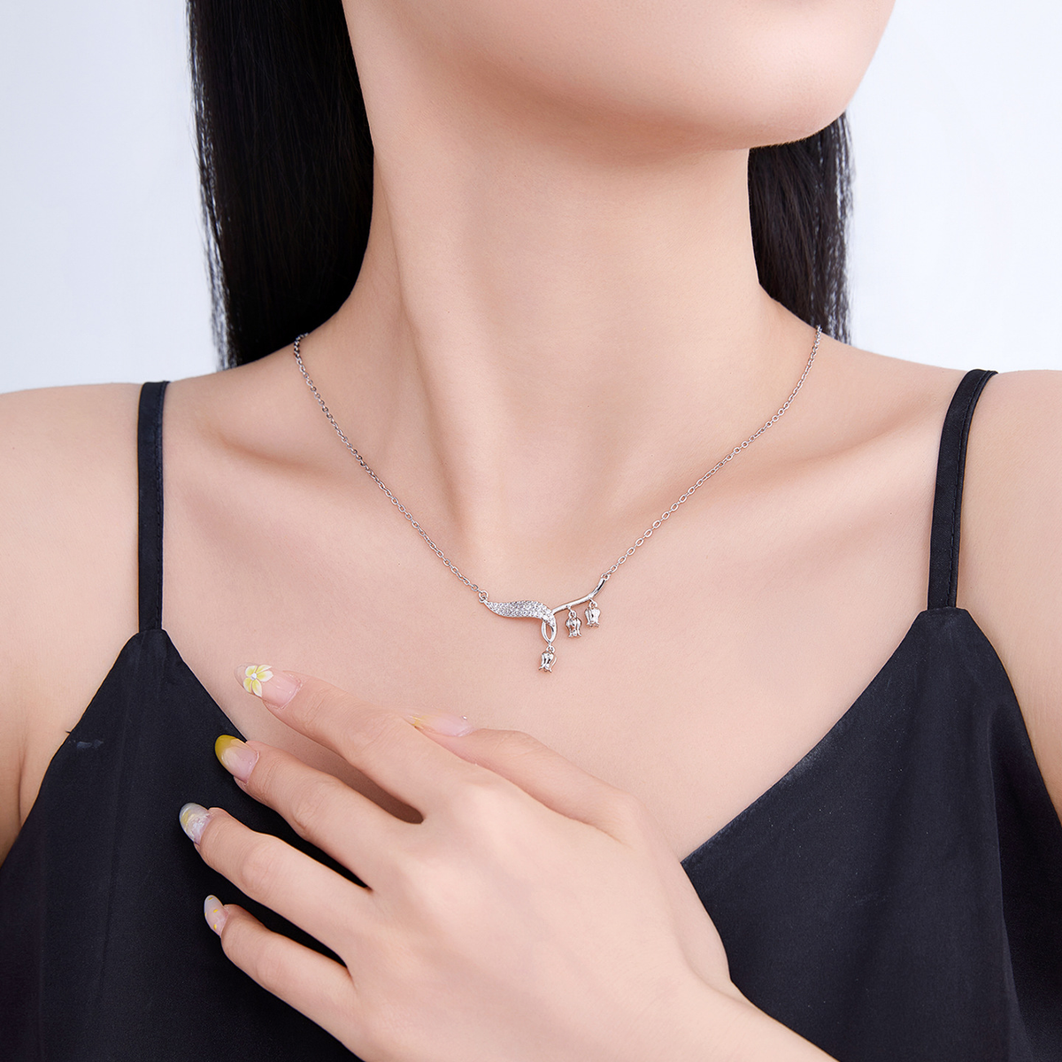 Silver-Tone Lily Tassel Necklace, Floral Drop Chain Design