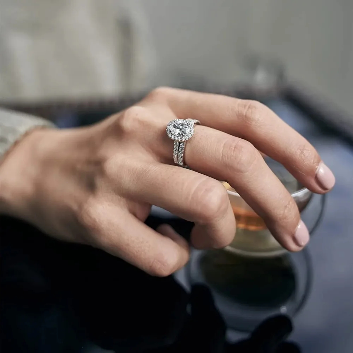 Princess Crystal-Style Ring, Oval Halo Design in US 5–10