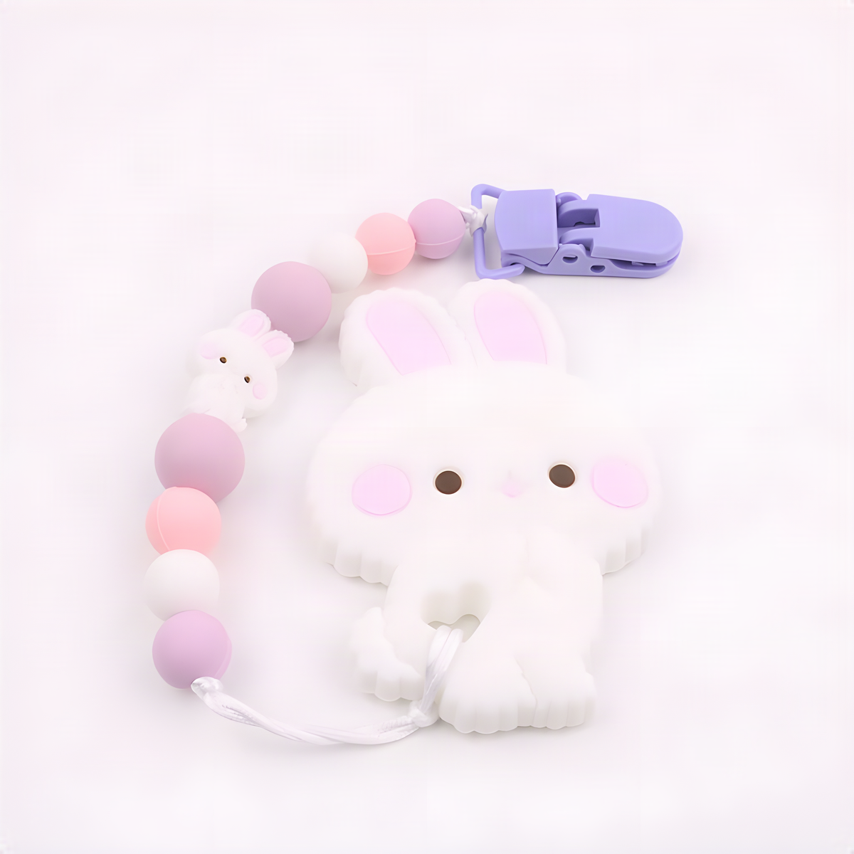 Bunny Baby Teether with Beaded Pacifier Clip in Five Colors