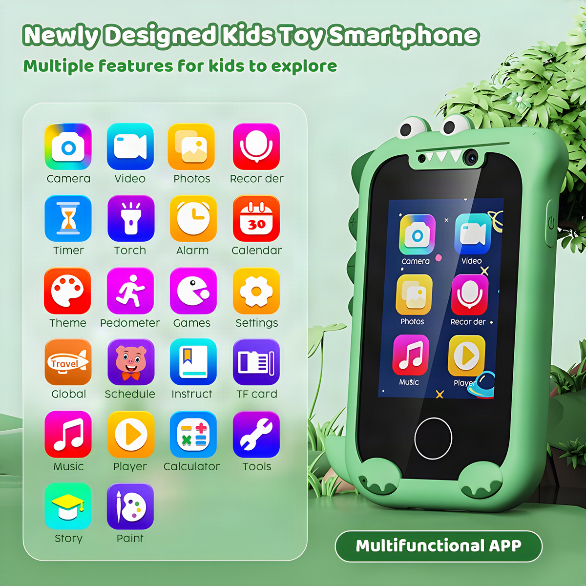 Dinosaur Kids Touchscreen Toy Phone with Front and Rear Cameras