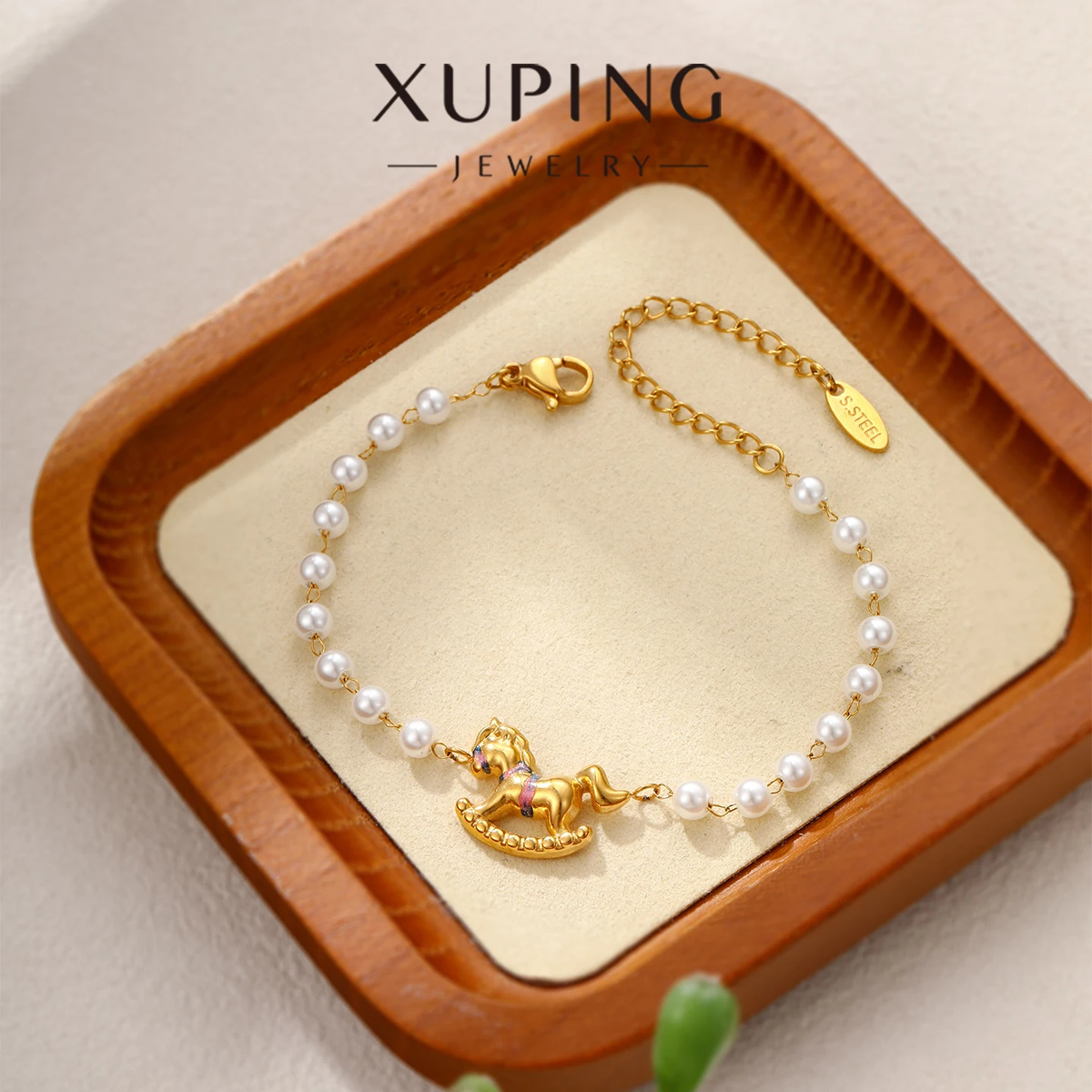 Pearl-Look Charm Bracelet, Gold-Tone Rocking Horse Detail