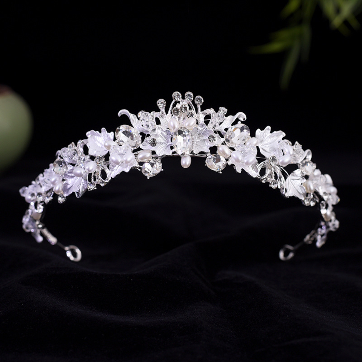 Floral Bridal Tiara with Faceted Stones and Pearl-Look Accents