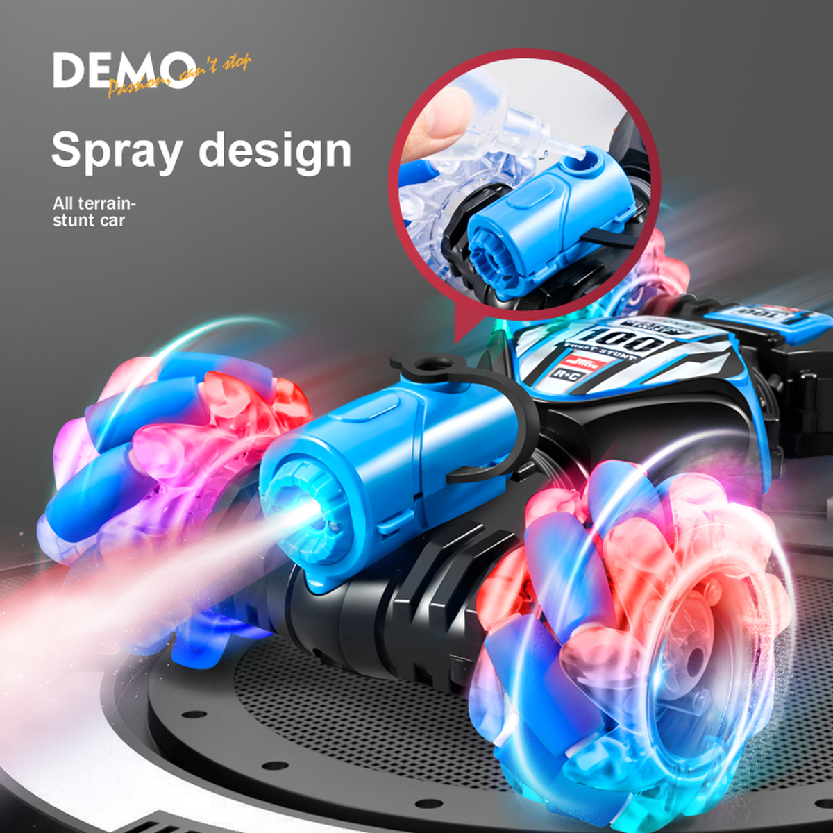 Spray Stunt Remote-Control Car with Colorful Light-Up Wheels