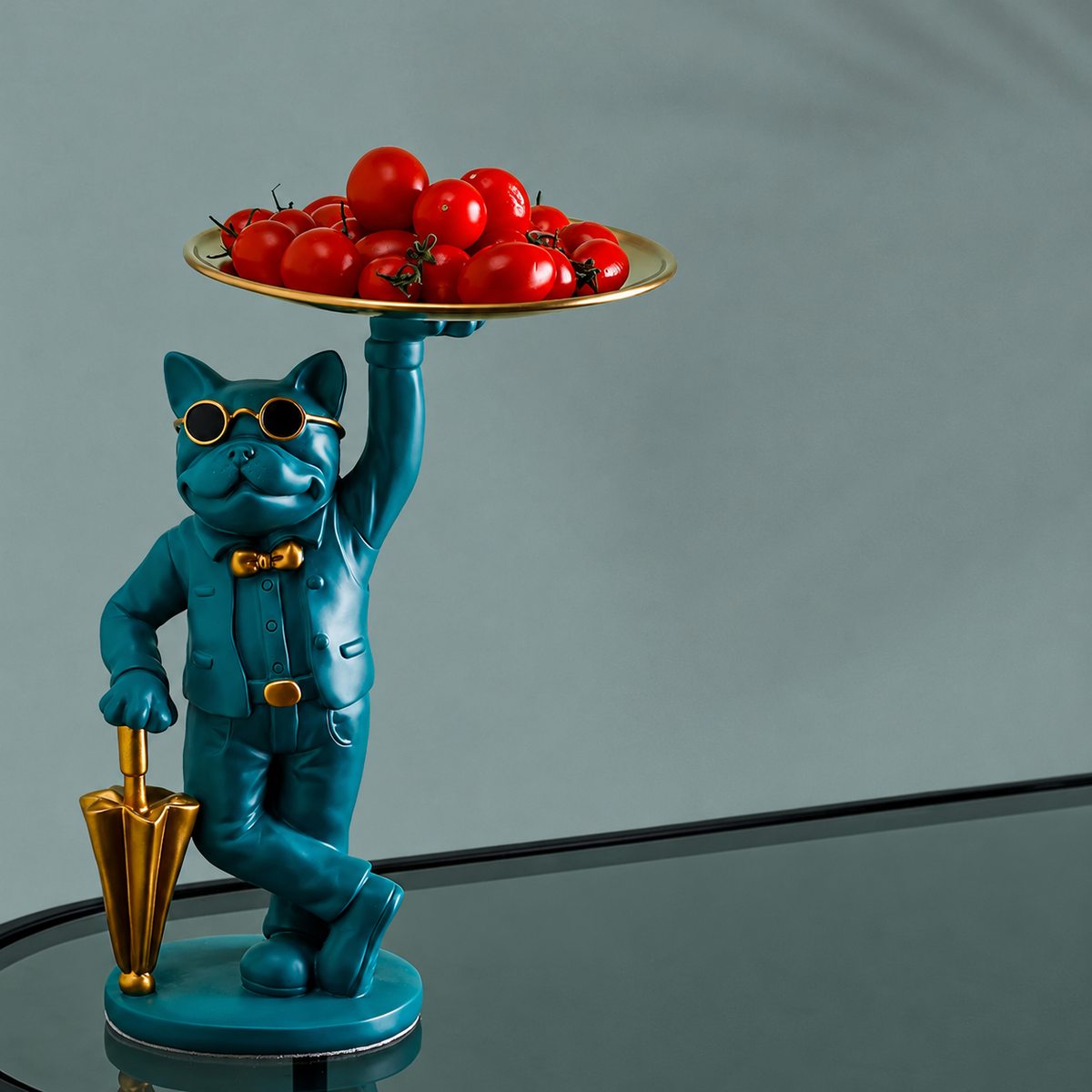 Teal Bulldog Tray Figurine with Gold-Tone Details for Decor