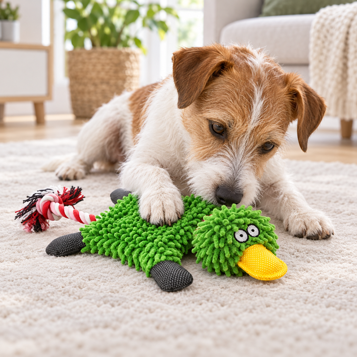 Green Chenille Duck Dog Toy with Knotted Rope Tail, 28 x 17 cm