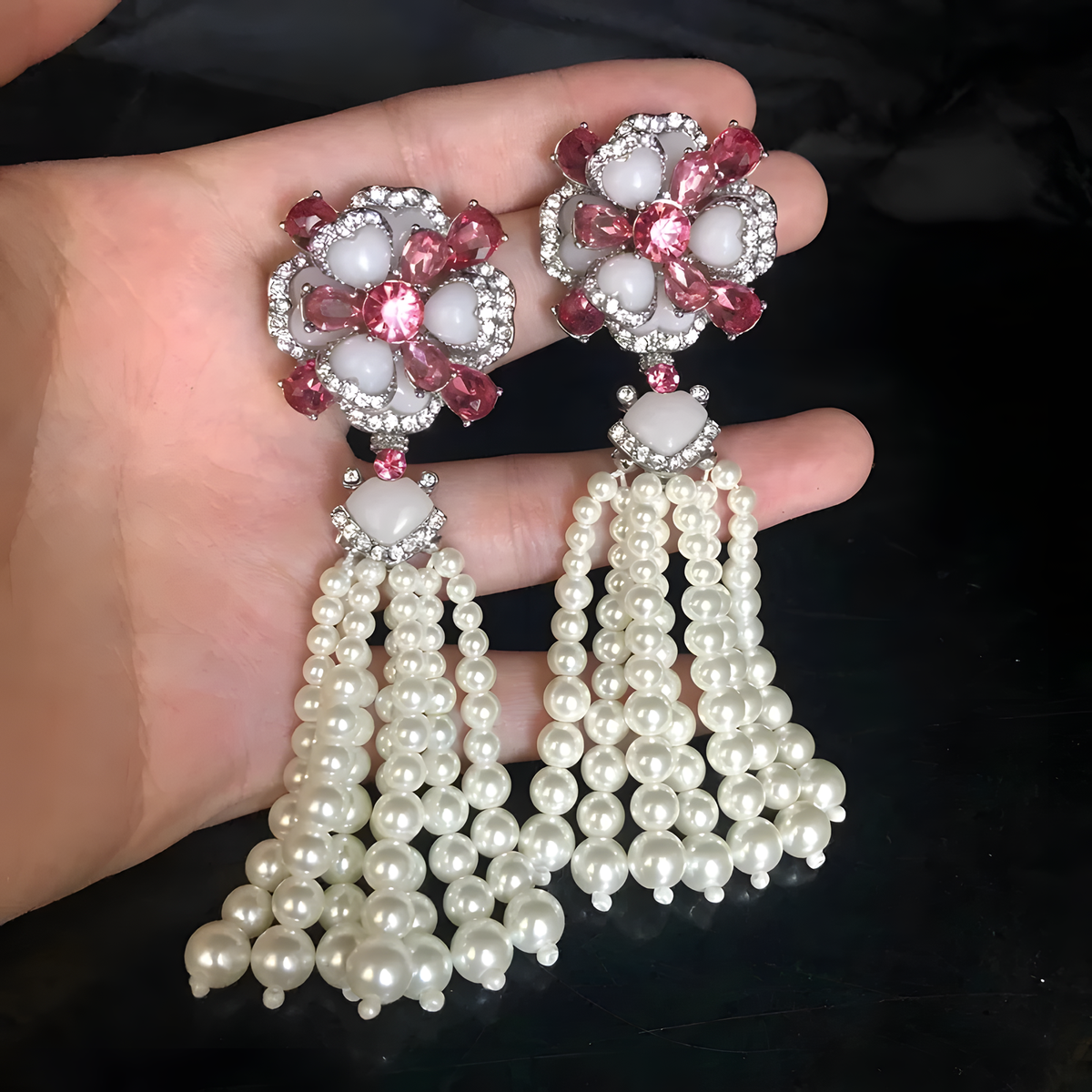 Floral Tassel Jewelry Set, Pearl-Look Necklace and Earrings