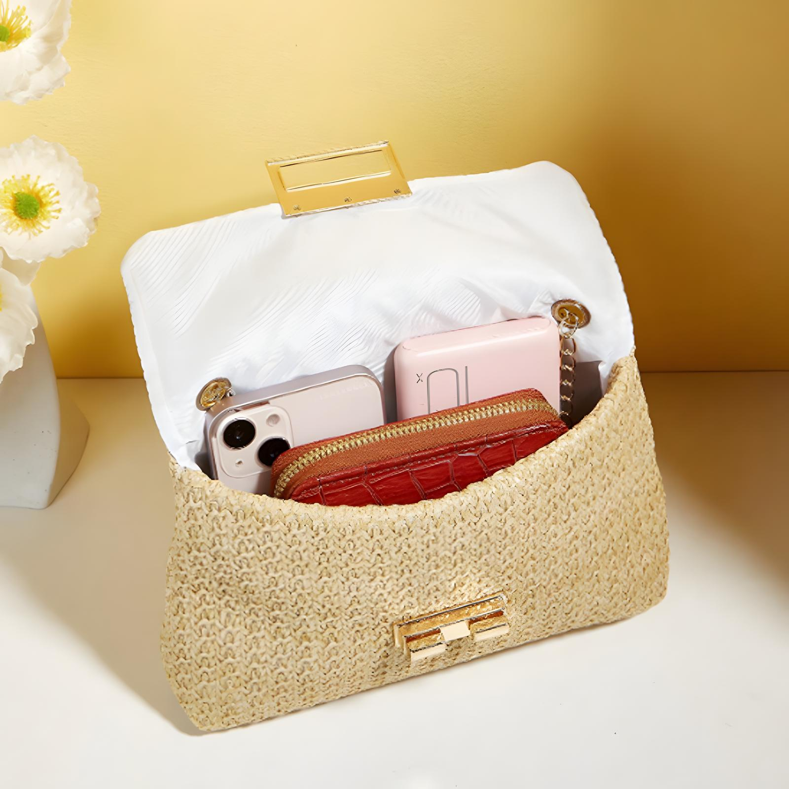 Straw Crossbody Bag with Gold Chain & Turn Lock