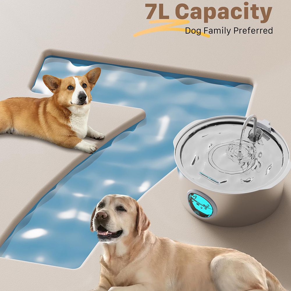 7L Stainless Steel Dog Water Fountain Quiet Pump Large Breed
