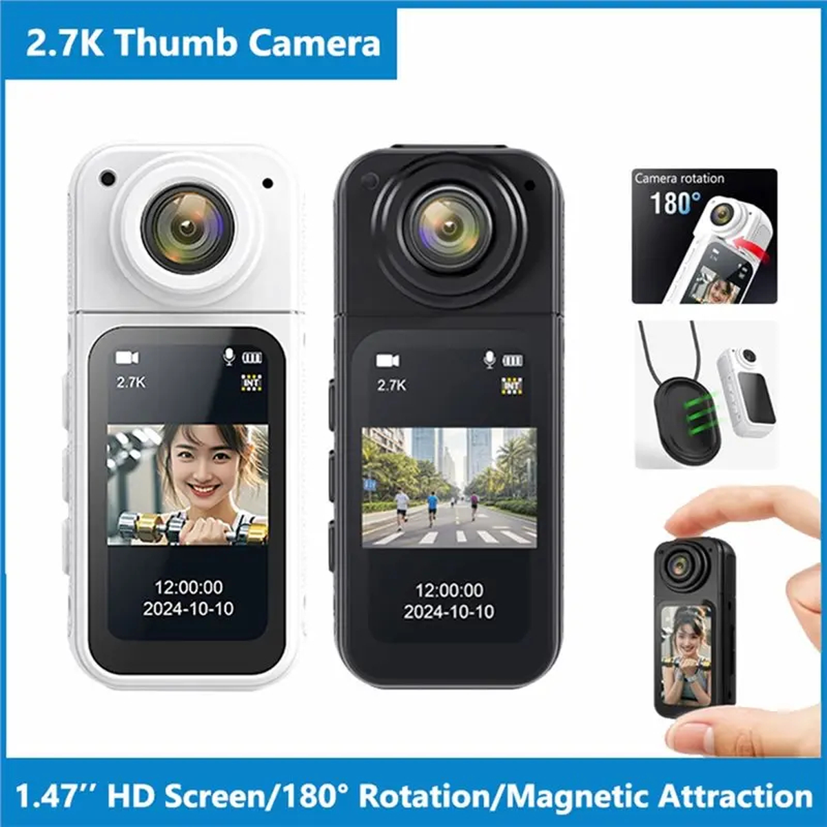 Rotating Mini Thumb Camera with Display and Magnetic Mount