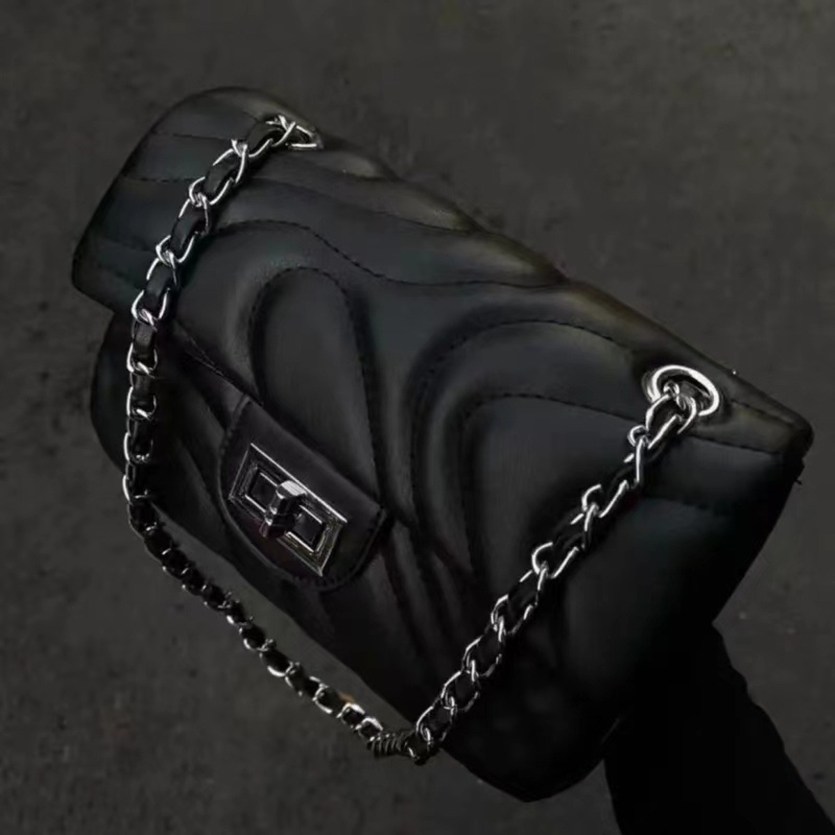 Wave-Quilted Shoulder Bag with Chain Strap and Turn-Lock Flap