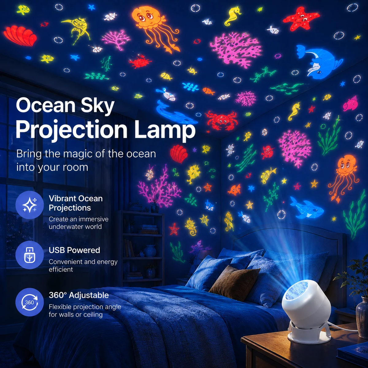USB Projection Night Light, Ocean or Christmas Scene Options