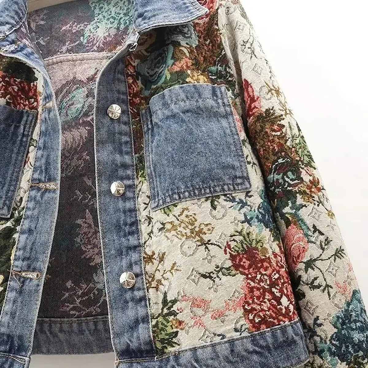 Floral Patchwork Denim Jacket with Button Front, S–3XL