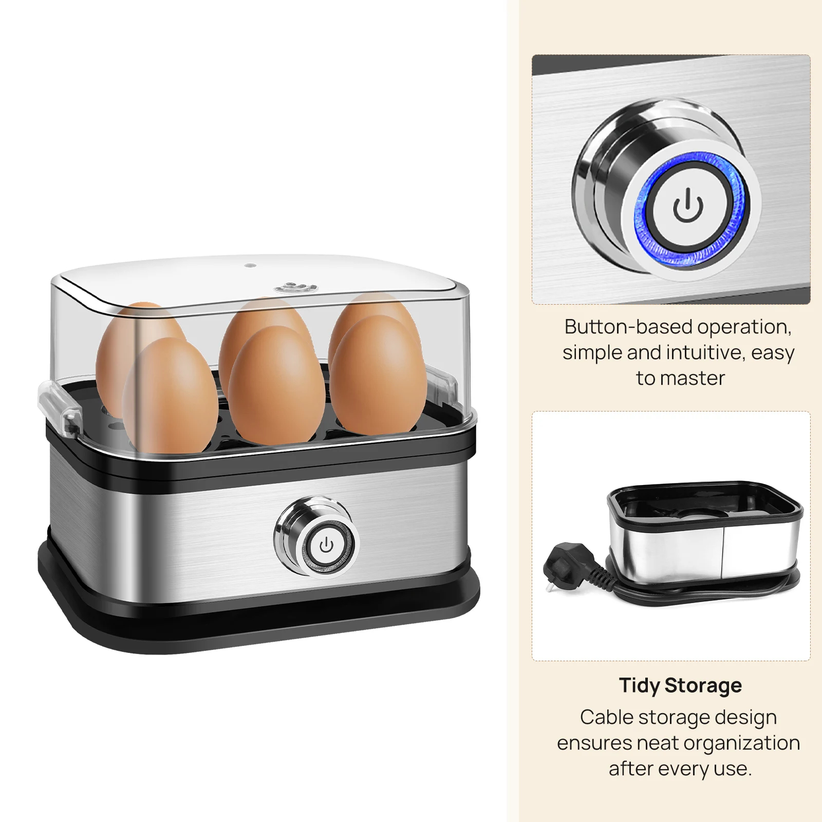 Mini Electric Egg Cooker with Stainless Steel Tray and Lid