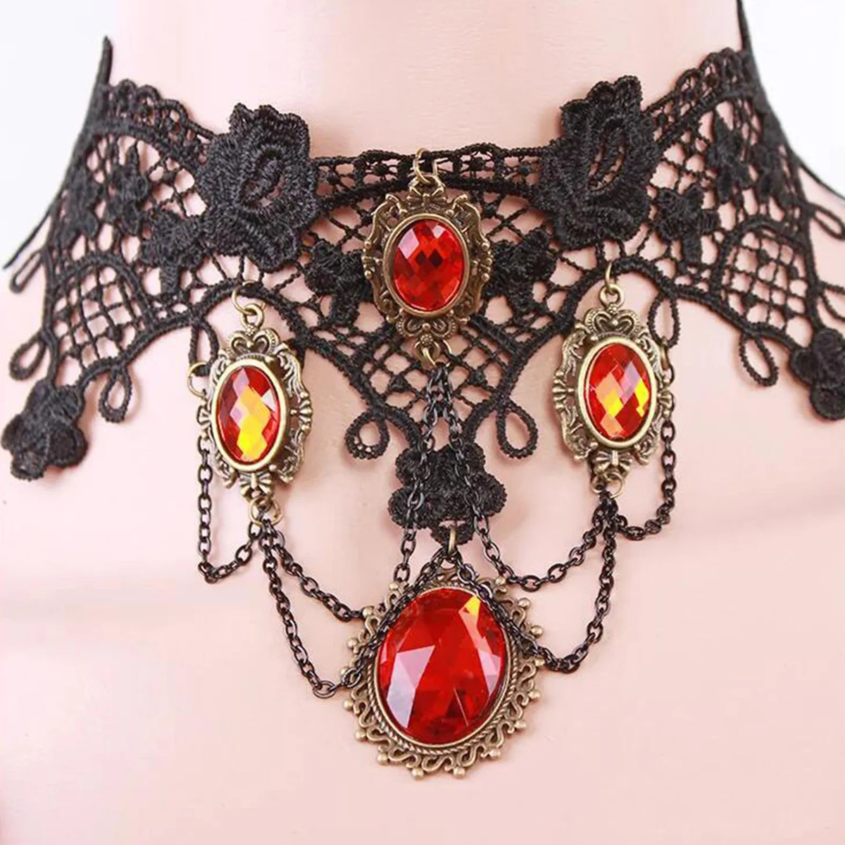 Gothic Lace Choker and Earrings, Red Stone, Antique Metal