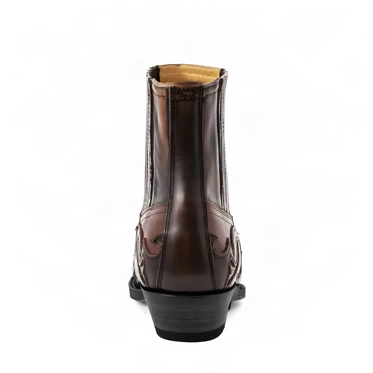 Western Pull-On Ankle Boots with Flame Stitching and Low Heel