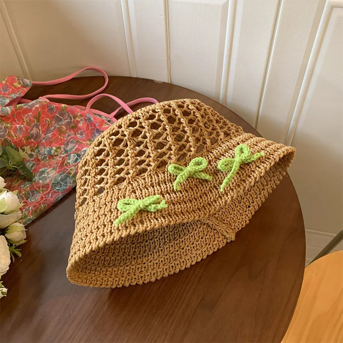 Open-Weave Crochet Bucket Hat with Contrast Bow Details