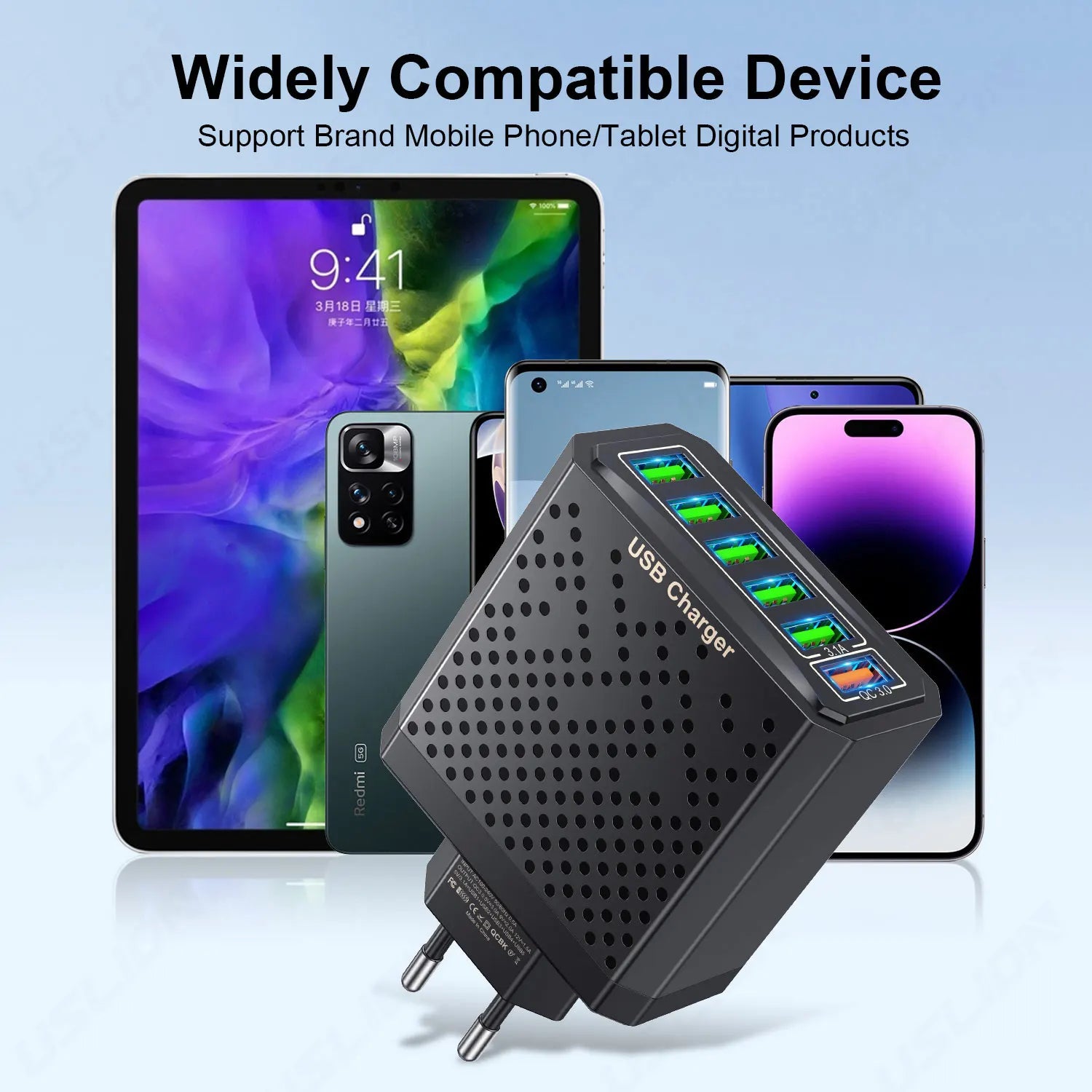 6-in-1 Multi-Port USB Charger - QC3.0 Fast Charging Station | Universal Travel Adapter